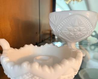 Milk glass compote and ruffled bowl