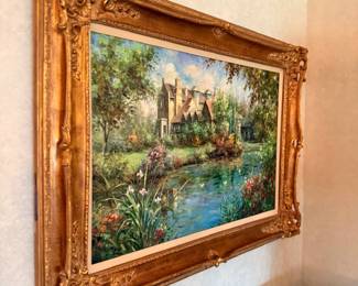 Framed landscape oil painting in gilt frame