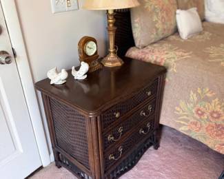 Wood cane-front nightstand with lamp