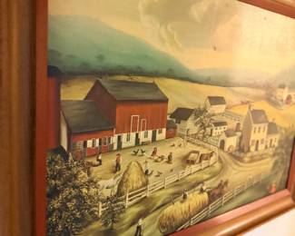 Framed Americana farm scene painting