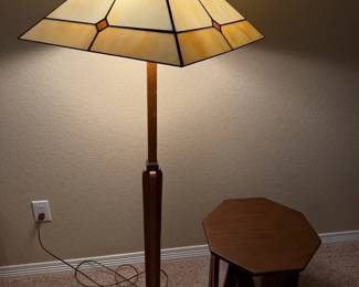 Mission Style Floor Lamp with Stained Glass Shade and Wood Side Table