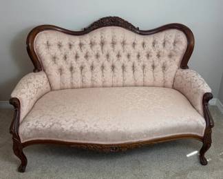 Antique Victorian Style Tufted Settee with Carved Wood Frame