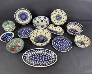 Polish Pottery Stoneware Serving Pieces and Bowls in Assorted Blue Floral Patterns