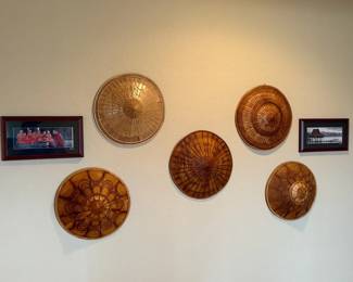 Decorative Asian Woven Hats and Framed Artwork Display Collection