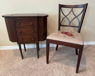 Needlepoint Accent Chair with Drop Leaf Side Table with Drawers