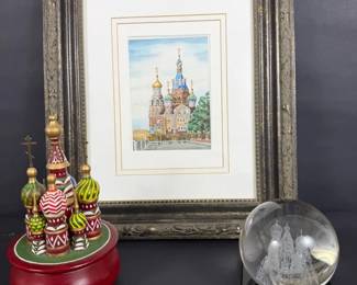 Orthodox Russian Souvenir Set Framed Art Music Box Crystal Sphere St Basils