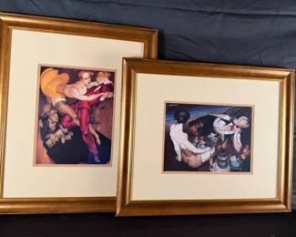 Pair Framed Art Deco Style Figural Prints in Gold Tone Frames