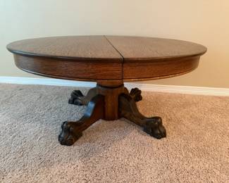 Round Oak Pedestal Table with Carved Claw Feet