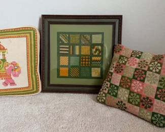 Vintage Needlework Trio Elephant Needlepoint Framed Sampler  Floral Pillow