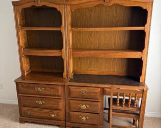 Solid Oak Hutch Cabinet with Open Shelving, Drawers, and Side Desk