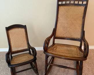 Adult and Child Wooden Rocking Chairs with Cane Seats and Backs