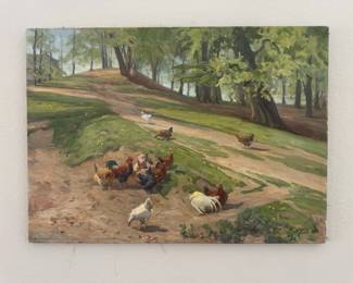Farmyard Poultry Oil Painting Signed Dated 1944 Roosters Hens Vintage