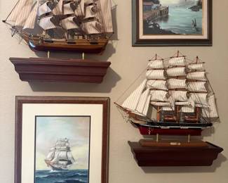 HMS Bounty  Cutty Sark Model Ships with Framed Nautical Paintings