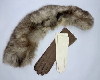 Fur Stole with Two Pairs of Long Leather Gloves Vintage