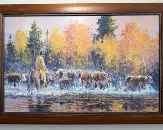 Large Western Oil Painting on Canvas  Signed Rick Simmons  Cowboy Cattle Drive Scene