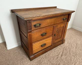 Oak Sideboard Cabinet with Carved Details and Drawers