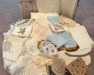Hand Embroidered Linen  Lace Tablecloth Doily Napkin Collection Vintage