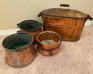 Antique Copper Wash Boiler with Lid and Assorted Hanging Pots