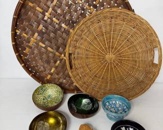 Collection of Handcrafted Asian Decor Including Bamboo Trays, Coconut, Ceramic and Carved Bowls