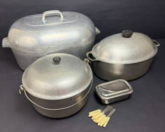 Wagner Ware Aluminum Roaster and Covered Pots with Utensils Assortment Vintage