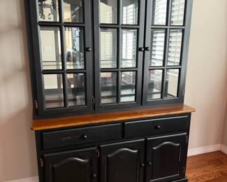 Black Painted Wood China Cabinet Hutch with Glass Doors  Drawers