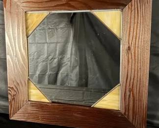 Wooden Framed Beveled Mirror w Leaded Glass Corners 18x18 Rustic Decor