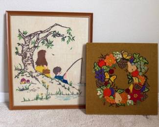 Vintage Framed Crewel Embroidery Pair Children Fishing Scene  Floral Wreath