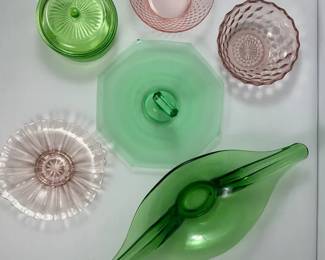 Assorted Vintage Depression Glass Green  Pink Bowls Dish Console