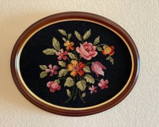 Framed Floral Needlepoint Artwork with Oval Wood Frame