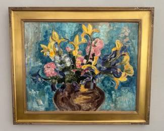 Floral Still Life Bouquet in Vase, Gold Frame, canvas print