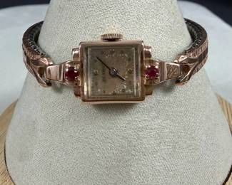 Vintage Benrus 14K Rose Gold Watch Ruby Accents Expansion Band