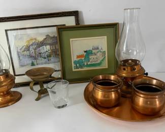 Vintage Copper Decor Lamps Pots Tray