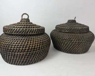 Pair Of Vintage Handwoven Lidded Basket Containers