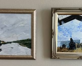 Pair Signed Vintage Framed Paintings River Landscape  Train Depot Industrial Scene