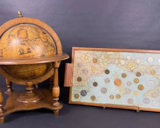 Vintage Italian Wooden Bar Globe Stand  Framed World Coin Display
