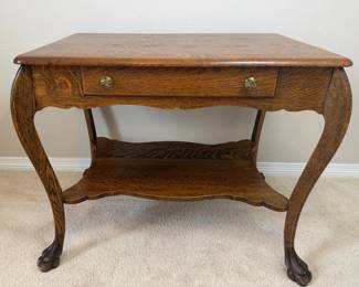 Antique Tiger Oak Writing Desk w Drawer  Shelf Claw Feet