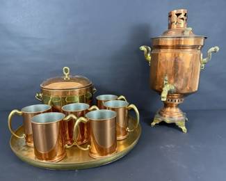 Copper Samovar Tea Set with Matching Mugs, Ice Chest and Serving Tray