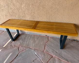 MidCentury Style Slatted Wood Bench with Black Metal Legs