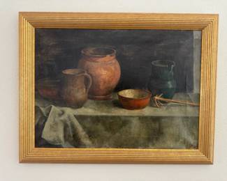 Still Life Oil Painting Terracotta Pottery Gold Frame Old Master