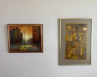 Cityscape  Abstract Sarasa Modern Art Set Pair of Signed Vintage Framed Paintings