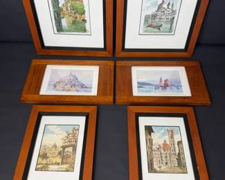 Set of 6 Framed European Cityscape Prints Wood Frames