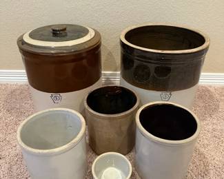 Collection of Antique Stoneware Crocks and Pottery Containers with Lid