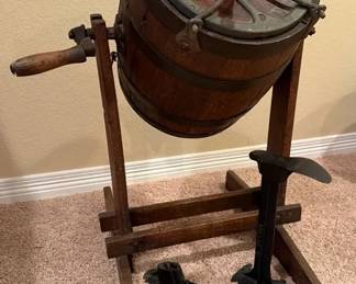 HandCrank Wooden Butter Churn with Cast Iron Paddles and Stand