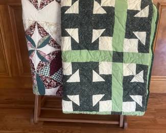 Pair Handmade Patchwork Quilts Churn Dash Green White  Floral Star Pattern Set