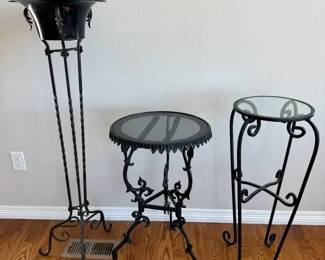 Decorative Metal Plant Stand and Two Glass Top Accent Tables