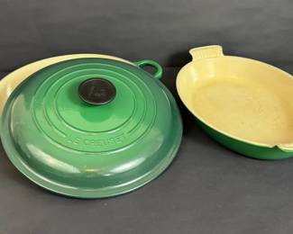 Le Creuset Enameled Cast Iron Skillet with Lid and Oval Baking Dish Green France