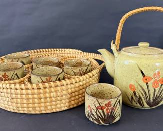 Handcrafted Ceramic Tea Set with Woven Basket Tray and Cups
