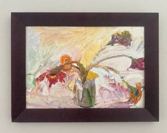 Contemporary Floral Oil Painting in Dark Maroon Frame  Modern Botanical Art