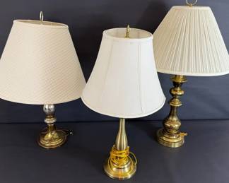 Trio of Classic Brass and Metal Table Lamps with Pleated Fabric Shades