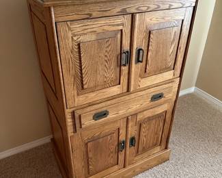 Custom Solid Oak Cabinet with Paneled Doors and Drawer Storage